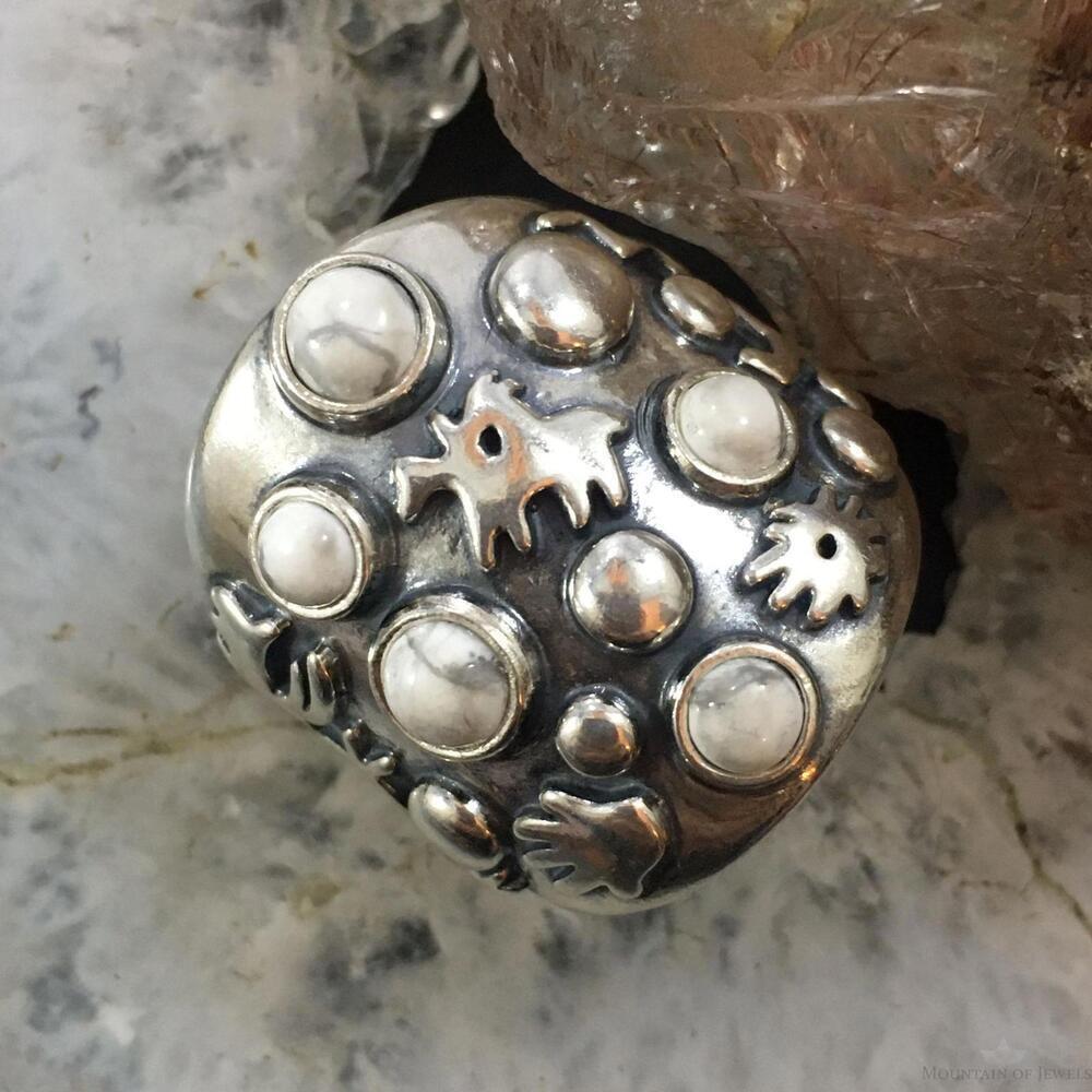 Jody Naranjo Vintage Sterling Silver Howlite & Symbols Decorated Ring For Women